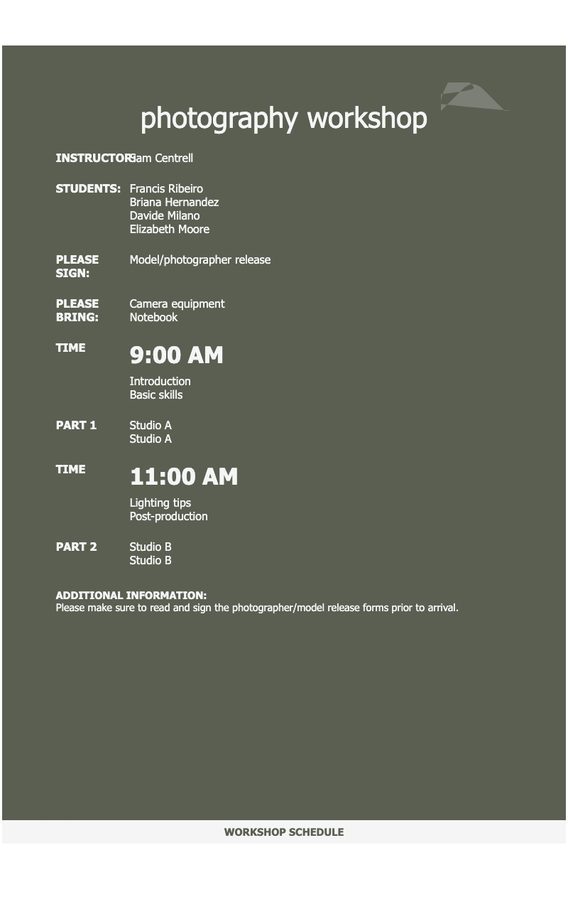 Boho organic photography workshop schedule - Photography workshop schedule template with instructor details, student list, and session breakdown.